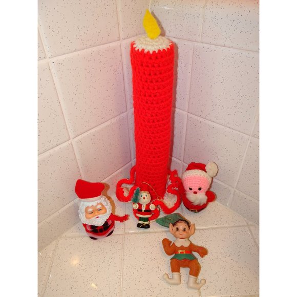 Vintage Crochet Christmas Candle & Santa fuzzy flocked Santa Lot mcm 1970s - Picture 1 of 12
